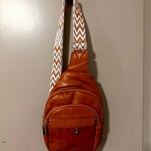 Brown Sling Bag with Patterned Strap